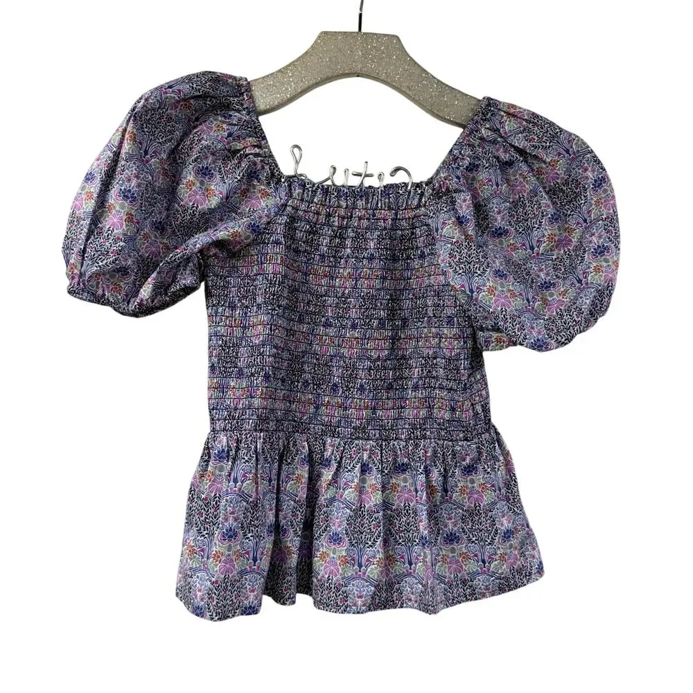 JCrew Puff Sleeve Peplum Top Floral Liberty Fabrics XS OrganicCotton SquareNeck